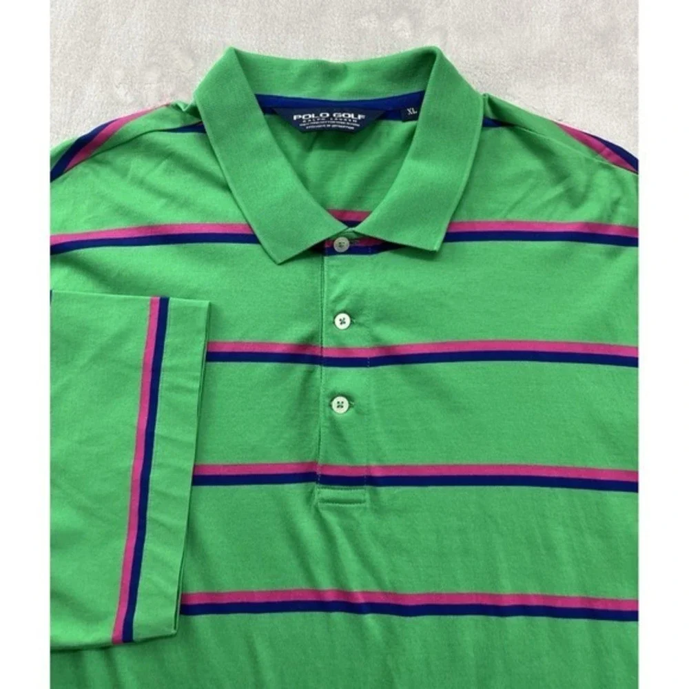 Polo Golf Ralph Lauren Polo Shirt Men XL Green Stripes Regular Hi-Low Slit Pima